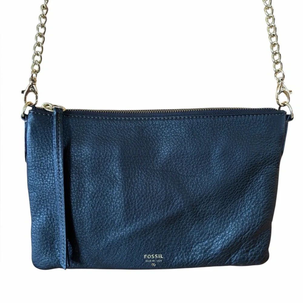 FOSSIL‎ BLACK LEATHER GOLD CHAIN CROSSBODY HANDBAG SHOULDER BAG PURSE